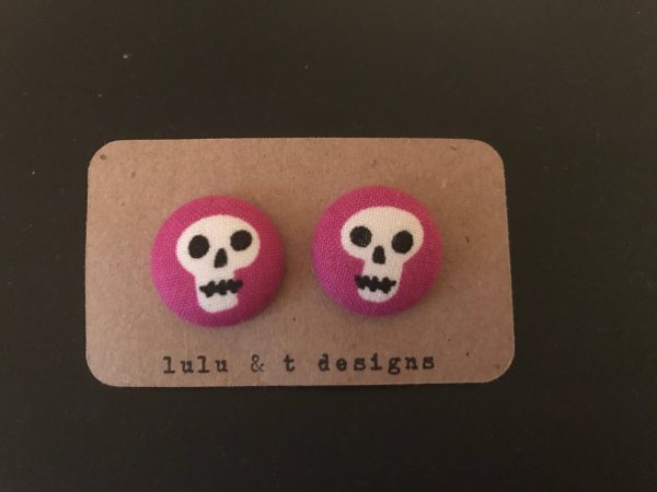 Skull fabric covered button earrings