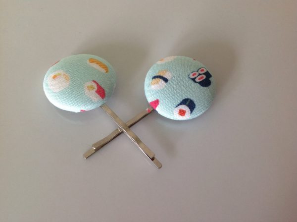 Sushi, sushi bobby pin, Sushi  fabric covered button bobby pin pair