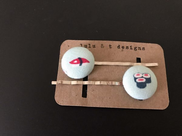 Sushi, sushi bobby pin, Sushi  fabric covered button bobby pin pair