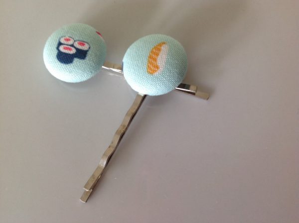 Sushi, sushi bobby pin, Sushi  fabric covered button bobby pin pair