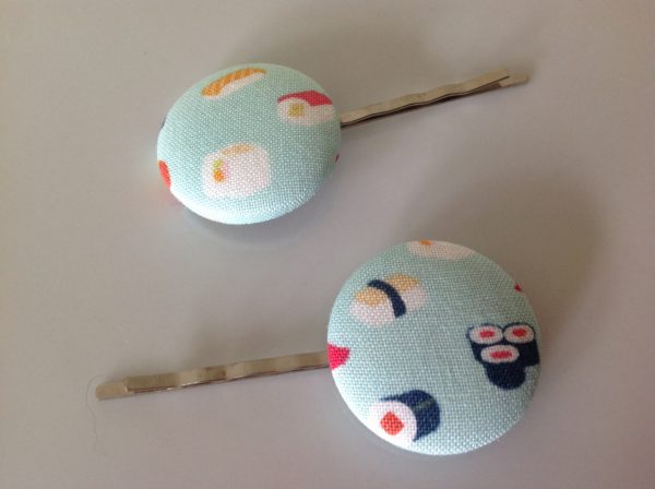 Sushi, sushi bobby pin, Sushi  fabric covered button bobby pin pair