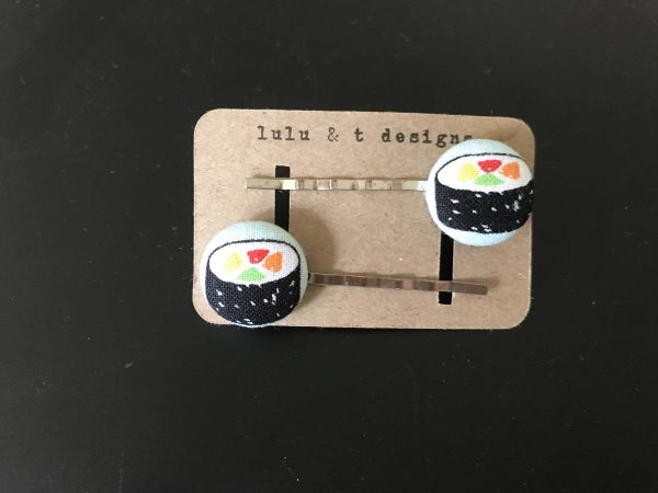 Sushi, sushi roll bobby pin, Sushi fabric covered button bobby pin pair