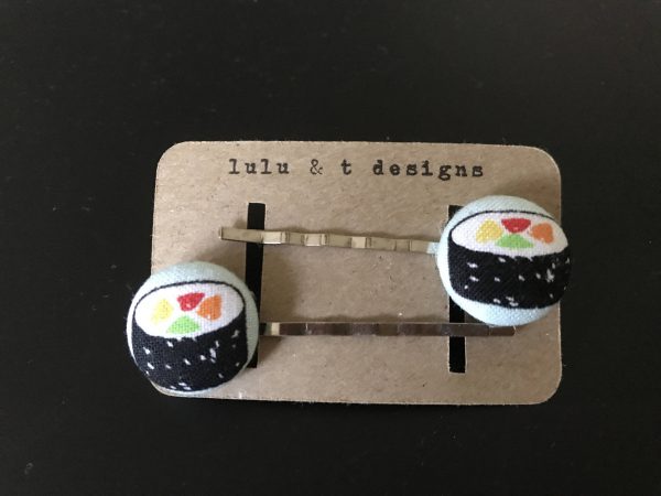 Sushi, sushi roll bobby pin, Sushi fabric covered button bobby pin pair