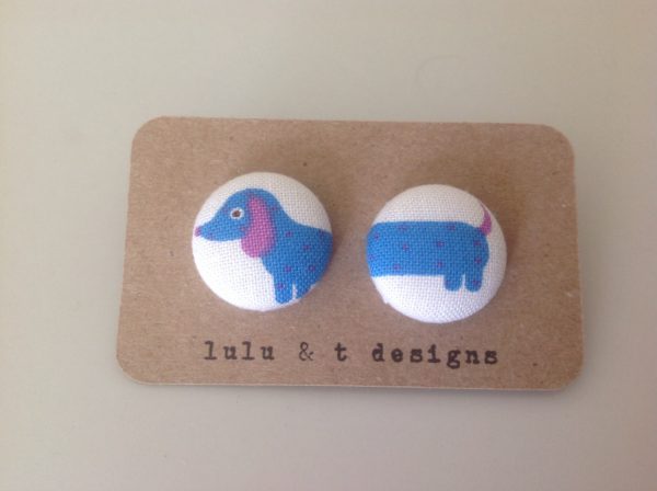 Weiner dog earrings, Weiner dog fabric, dachshund fabric covered button earrings pair